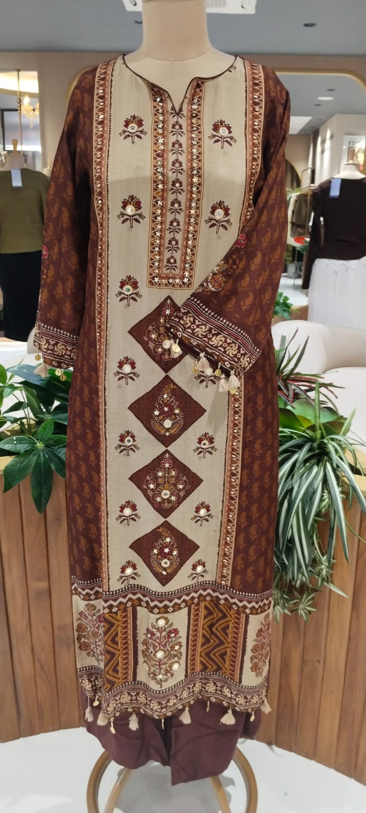 Bold Color Palette Pakistani Look Full Length Russian Silk Tassel Accent Full Suit Set With Dupatta- 16251