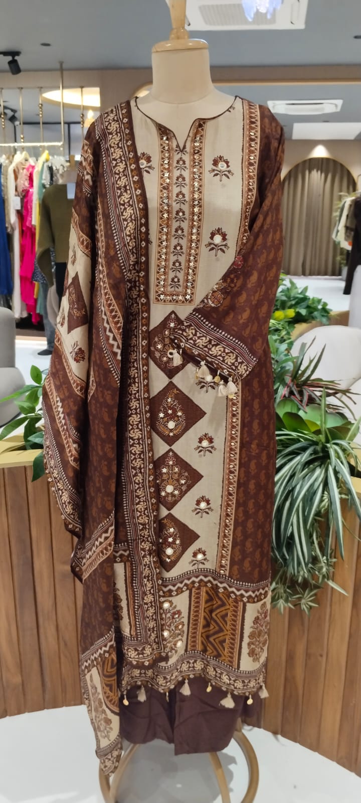 Bold Color Palette Pakistani Look Full Length Russian Silk Tassel Accent Full Suit Set With Dupatta- 16251