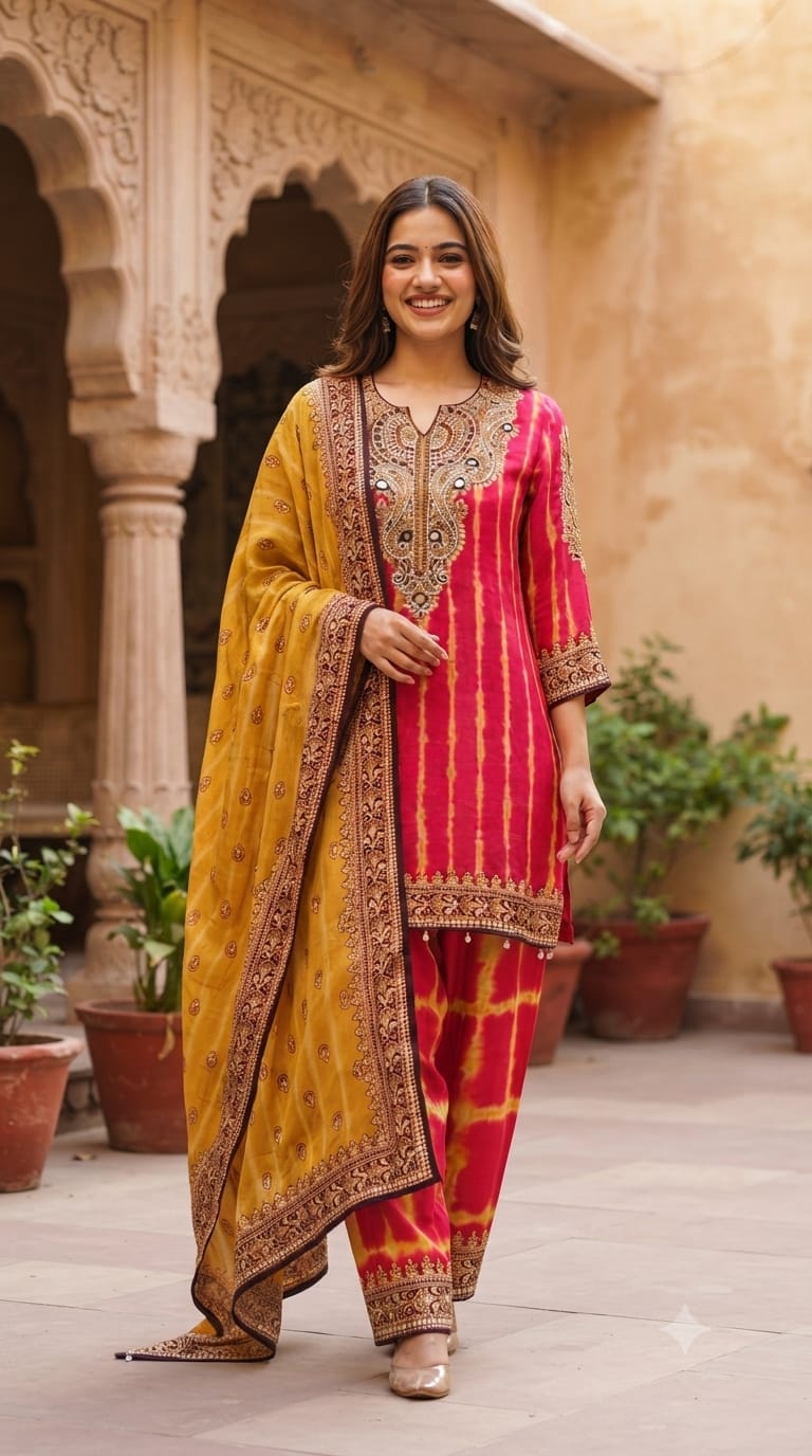 Jaipuri Inspired Pearl Real Mirror Embroidery Tassel Accent Crepe Kurta With Farsi Bottom & Dupatta- 15312