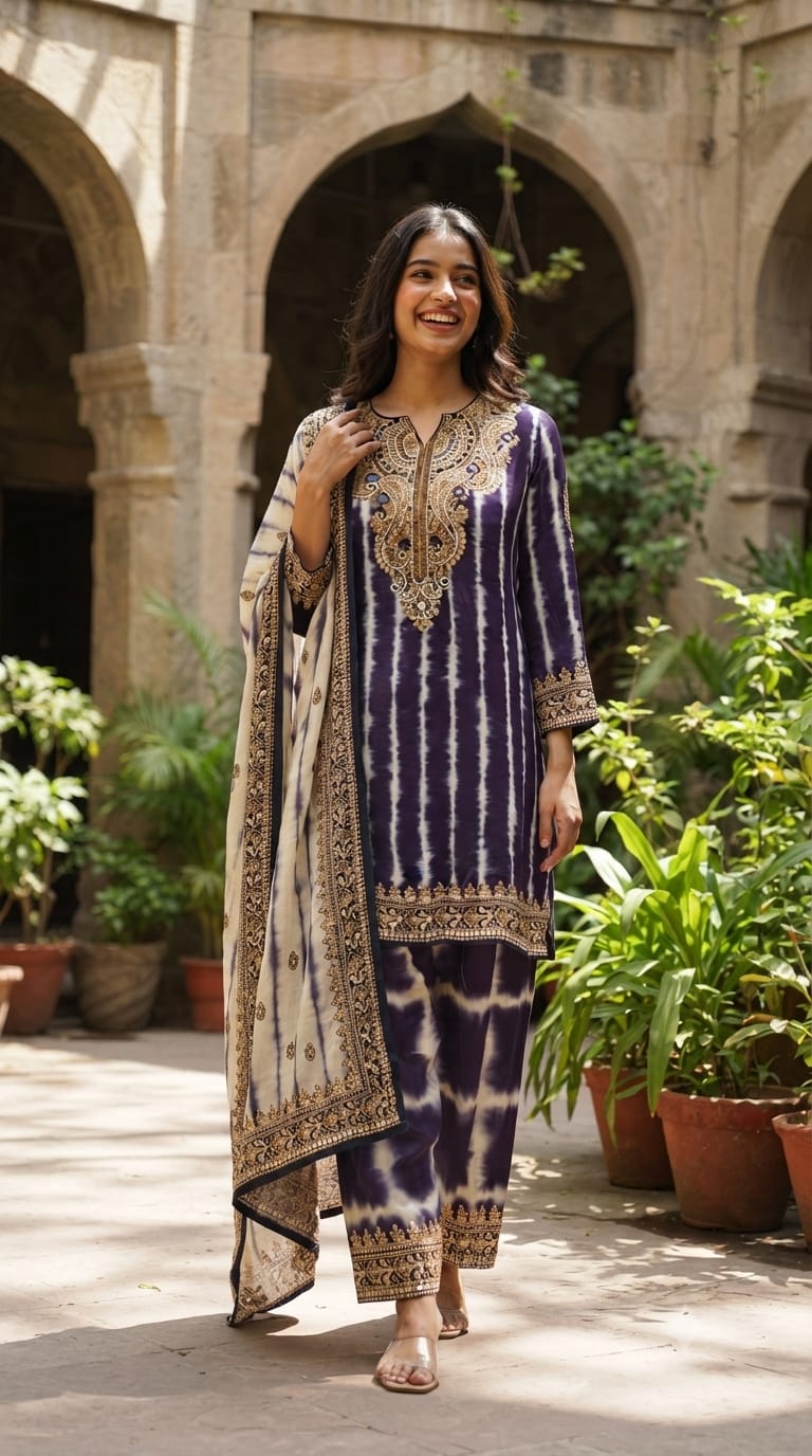 Jaipuri Inspired Pearl Real Mirror Embroidery Tassel Accent Crepe Kurta With Farsi Bottom & Dupatta- 15312