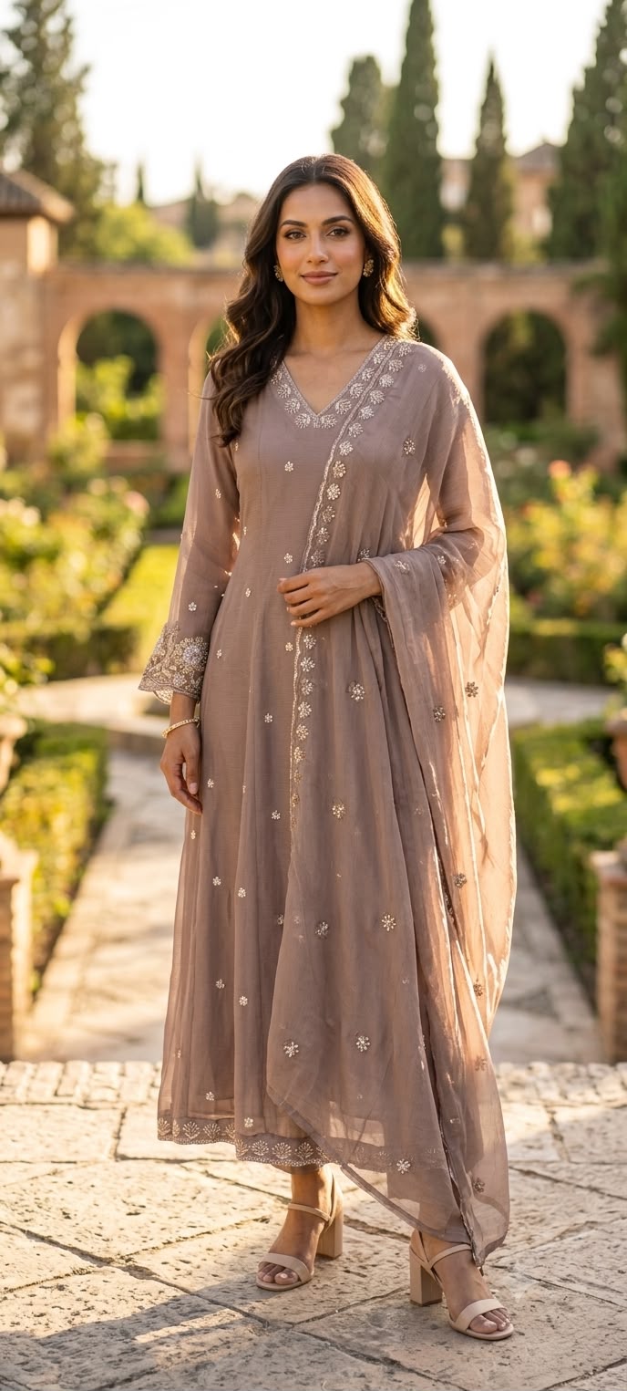 Heavy Chinon Cut-Dana Hand Embroidered Flared Anarkali Full Suit Set With Statement Dupatta- 15240
