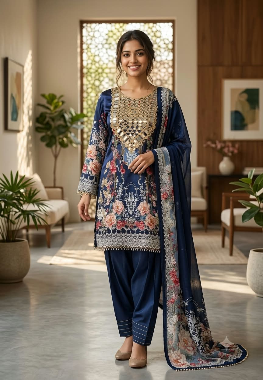 Royal Color Tone Real Mirror Yoke Digital Floral Prints Farshi Salwar Crepe Full Suit Set With Dupatta- 16283
