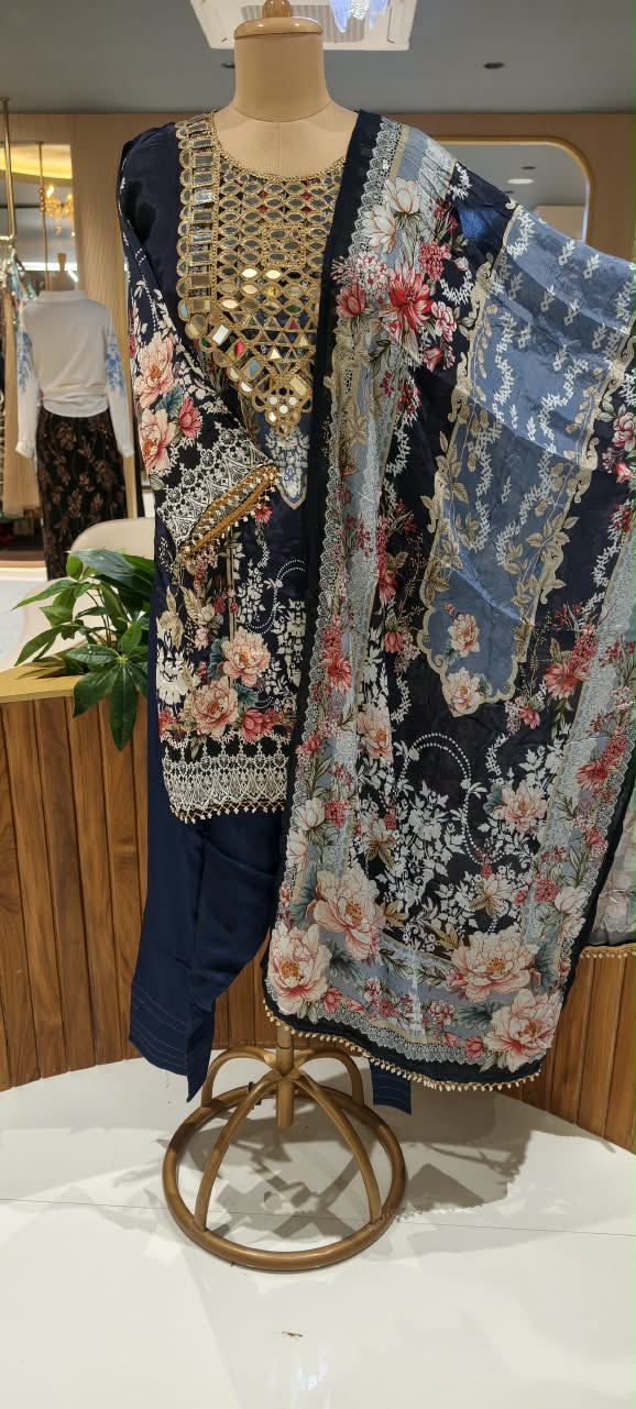 Royal Color Tone Real Mirror Yoke Digital Floral Prints Farshi Salwar Crepe Full Suit Set With Dupatta- 16283