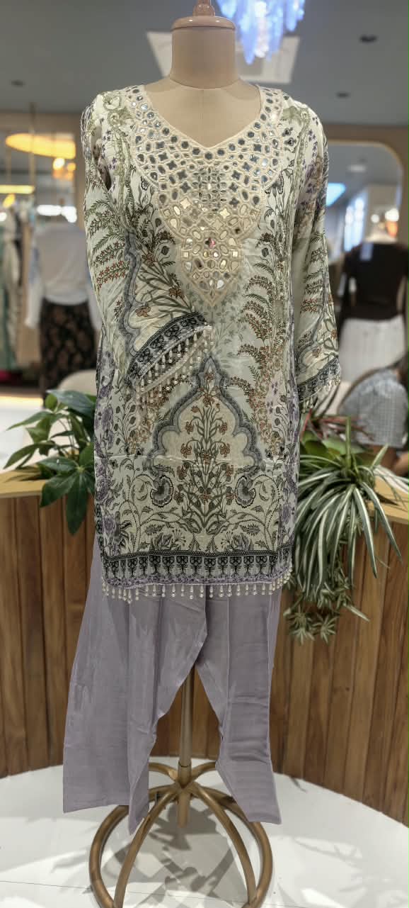 Real Mirror Elegance Flowy Crepe Digital Floral Prints Farshi Salwar Full Suit Set With Chiffon Dupatta- 16285