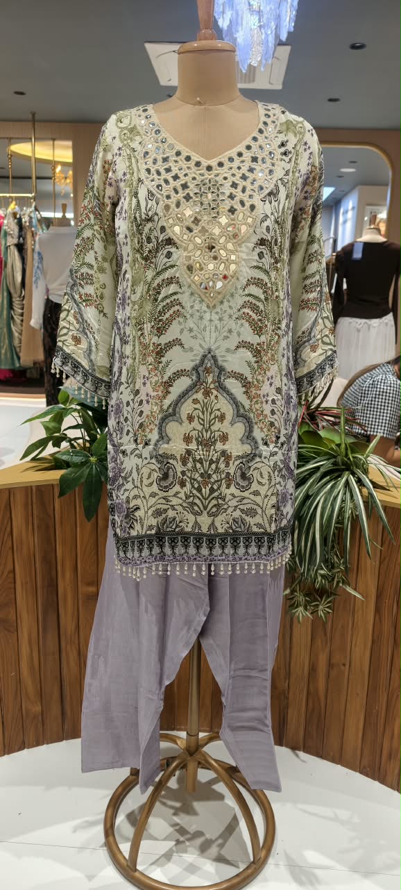Real Mirror Elegance Flowy Crepe Digital Floral Prints Farshi Salwar Full Suit Set With Chiffon Dupatta- 16285