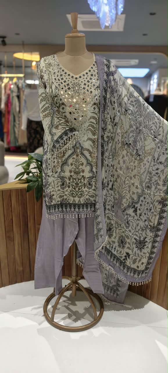 Real Mirror Elegance Flowy Crepe Digital Floral Prints Farshi Salwar Full Suit Set With Chiffon Dupatta- 16285