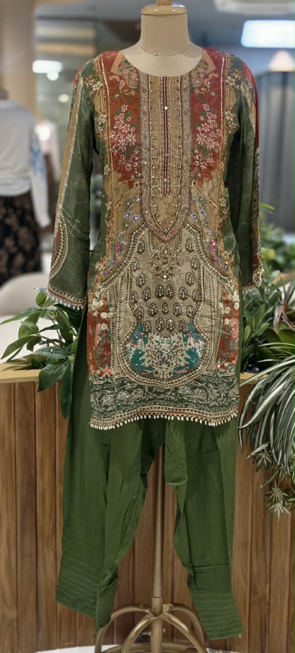 Forest Inspired Chevron Digital Prints Tassel Accent Crepe Full Suit Set With Farshi Salwar & Dupatta- 16286