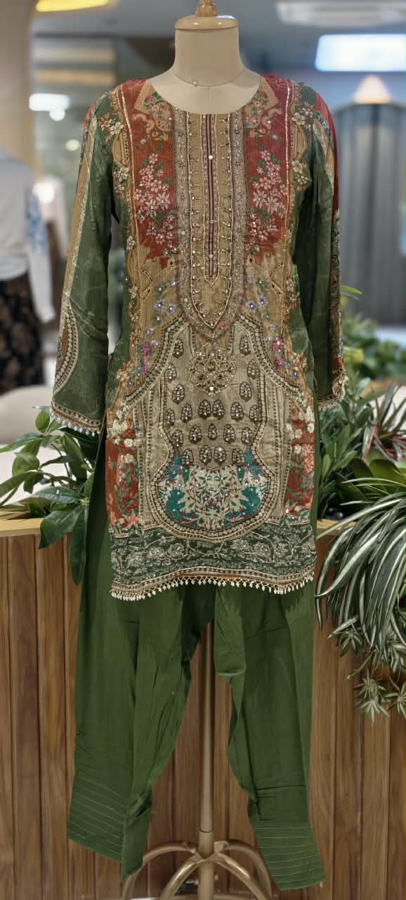 Forest Inspired Chevron Digital Prints Tassel Accent Crepe Full Suit Set With Farshi Salwar & Dupatta- 16286