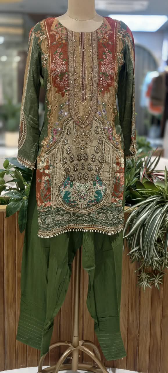 Forest Inspired Chevron Digital Prints Tassel Accent Crepe Full Suit Set With Farshi Salwar & Dupatta- 16286
