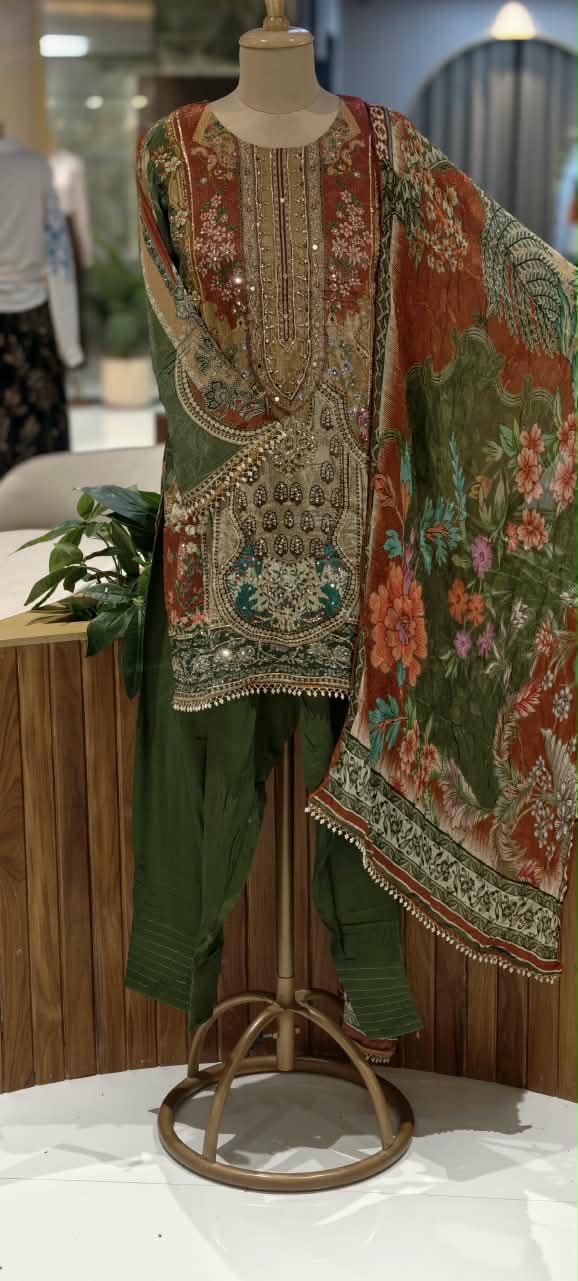 Forest Inspired Chevron Digital Prints Tassel Accent Crepe Full Suit Set With Farshi Salwar & Dupatta- 16286