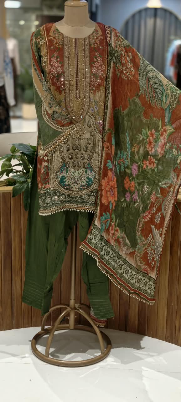 Forest Inspired Chevron Digital Prints Tassel Accent Crepe Full Suit Set With Farshi Salwar & Dupatta- 16286