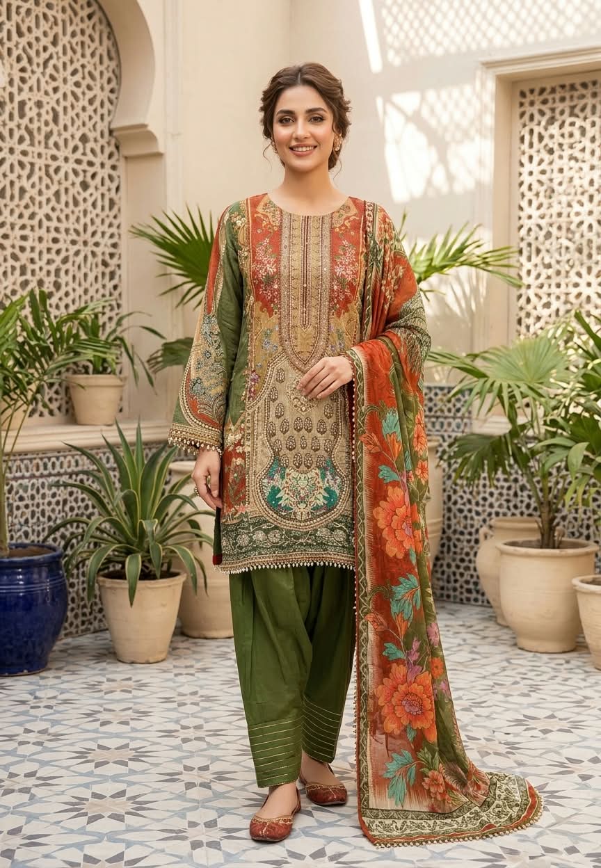 Forest Inspired Chevron Digital Prints Tassel Accent Crepe Full Suit Set With Farshi Salwar & Dupatta- 16286
