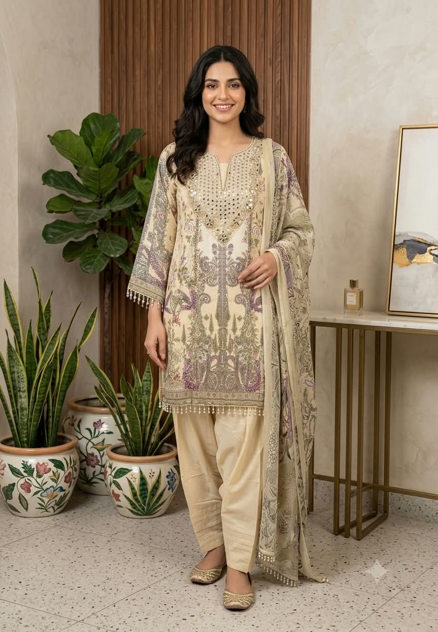 Creamish Pastel Tone Real Mirroe Elegance Printed Farshi Salwar Crepe Full Suit Set With Dupatta- 16284