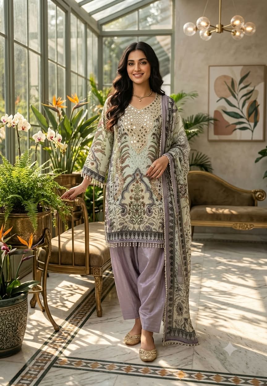 Real Mirror Elegance Flowy Crepe Digital Floral Prints Farshi Salwar Full Suit Set With Chiffon Dupatta- 16285