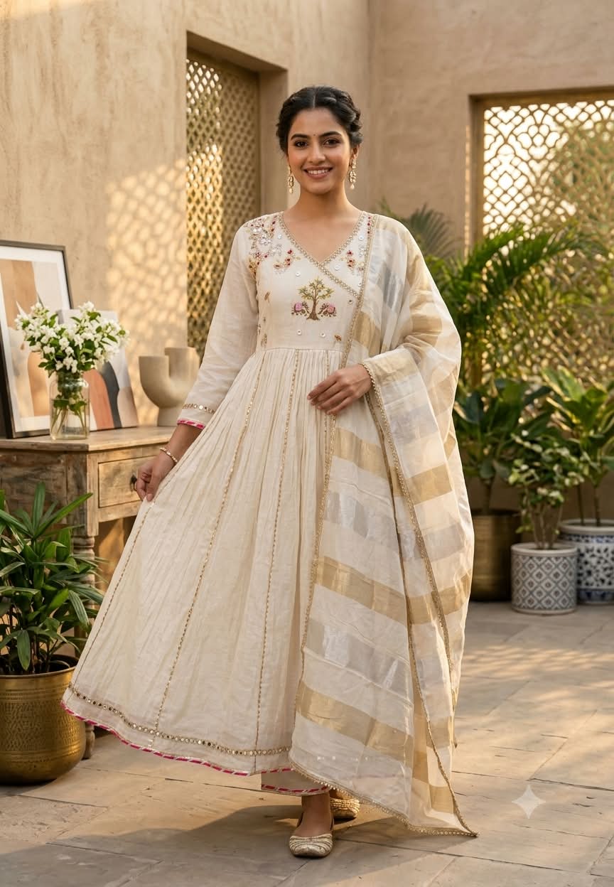 Banarasi Mul-Chanderi Tree Of Life Angrakha Embroidered Joint Anarkali Full Suit Set With Dupatta-16282
