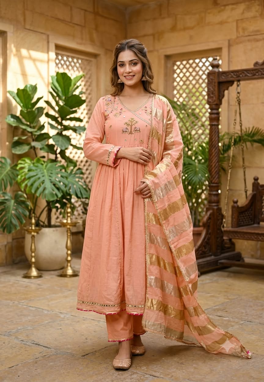 Banarasi Mul-Chanderi Tree Of Life Angrakha Embroidered Joint Anarkali Full Suit Set With Dupatta-16282