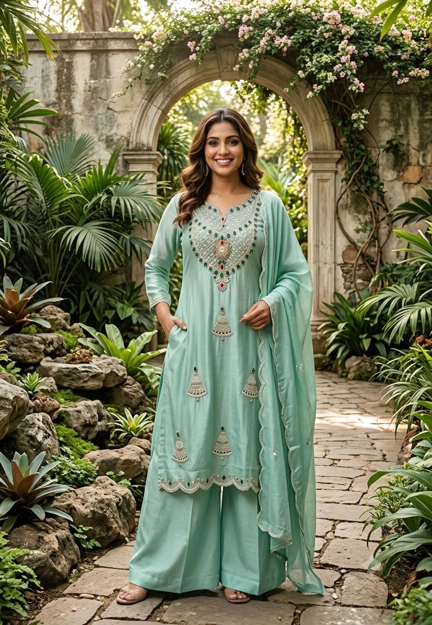 Red Gym Stone Jewel Elegance Elegant Handwork Tissue Full Suit Set With Loose Bottom & Dupatta- 16269