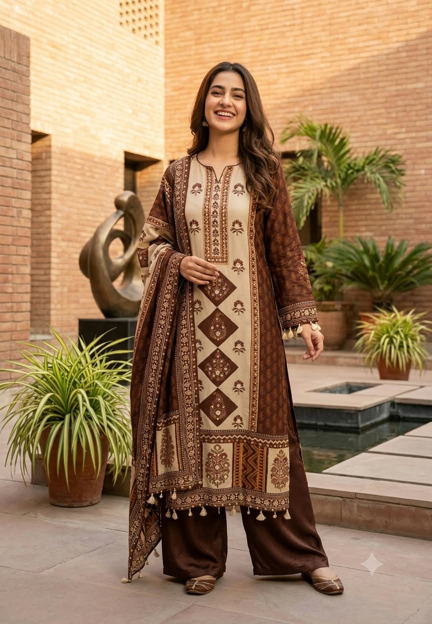 Bold Color Palette Pakistani Look Full Length Russian Silk Tassel Accent Full Suit Set With Dupatta- 16251