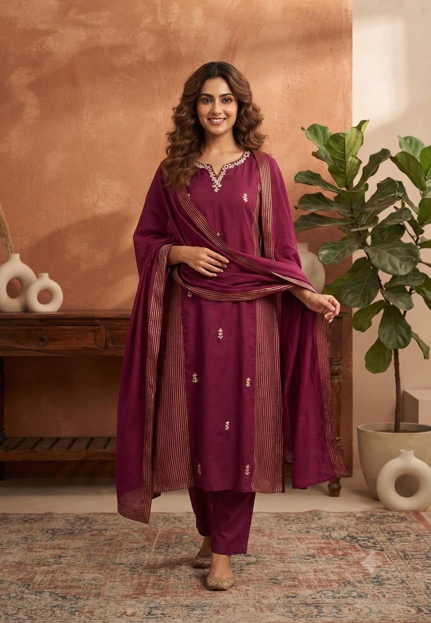 Intricate Beaded Embroidery Striped Side Panels A-Line Mul-Chanderi Full Suit Set With Dupatta- 16265