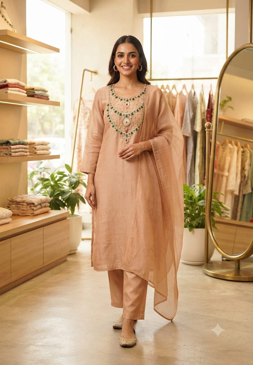 Elegant Green Gym Stone Jewel Yoke Crush Tissue Straight Full Suit Set With Dupatta- 15286