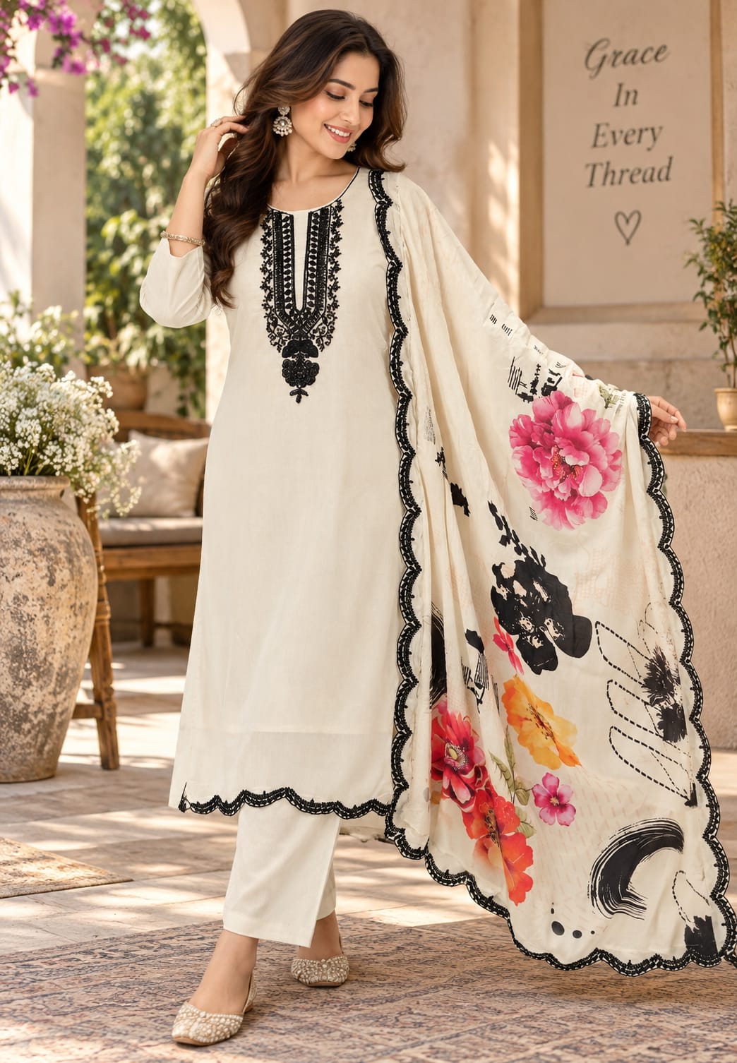 Fine Cut-Dana Embroidered Solid Full Suit Set With Digital Floral Prints Dupatta In Muslin Fabric- 16221