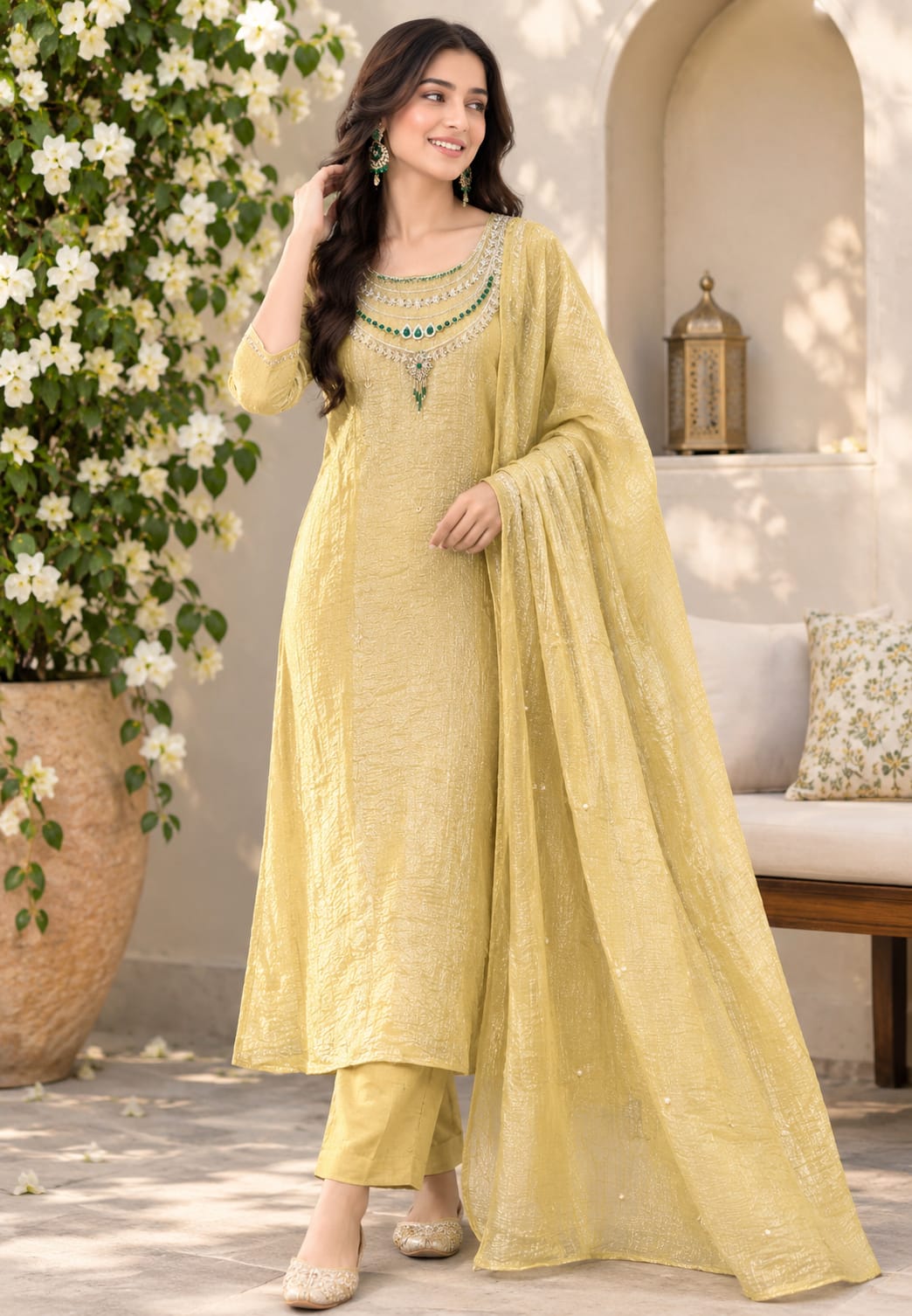 Elegant Jewel Rhinestone Heavily Beaded Embroidery Yoke Crush Tissue A-Line Full Suit Set With Dupatta- 16313