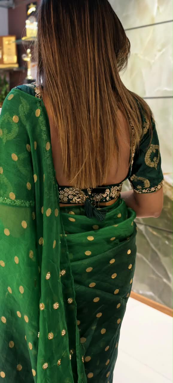 Pure Fabric Elegant Golden Brocade Touch Premium Designer Saree With Ready to Wear Embroidered Blouse- 16264