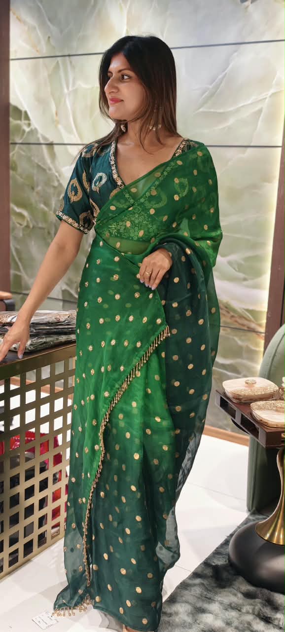 Pure Fabric Elegant Golden Brocade Touch Premium Designer Saree With Ready to Wear Embroidered Blouse- 16264