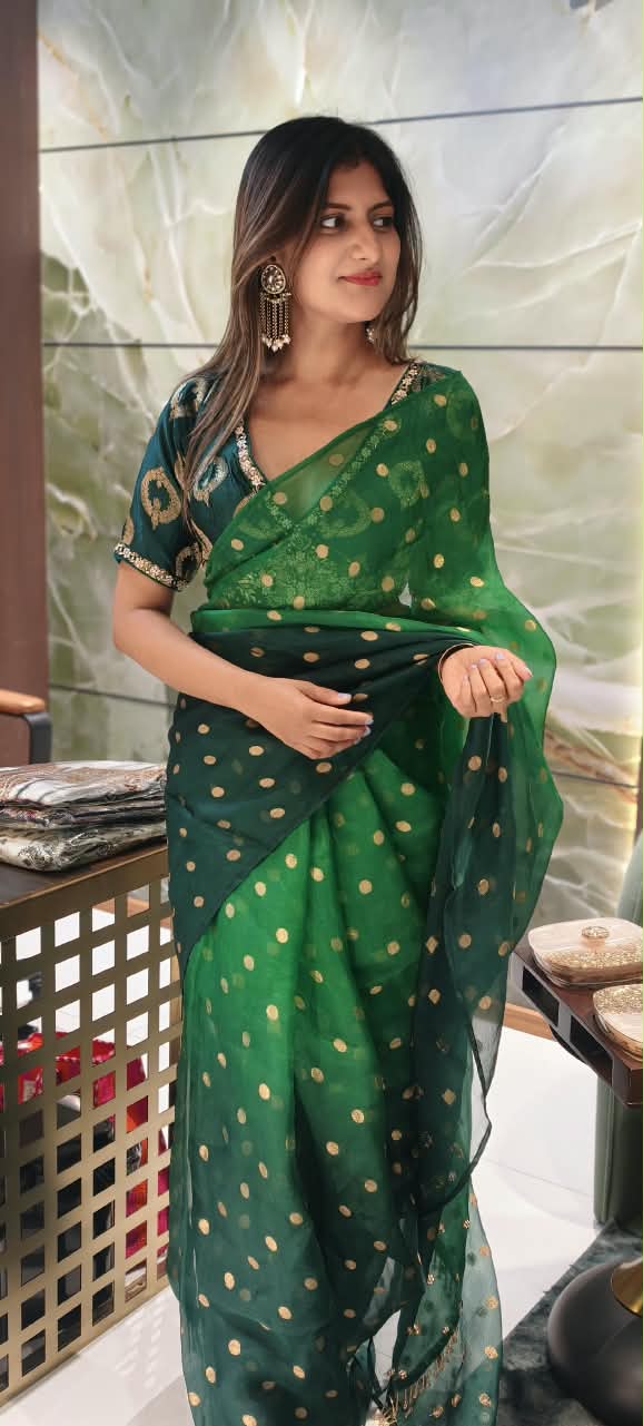 Pure Fabric Elegant Golden Brocade Touch Premium Designer Saree With Ready to Wear Embroidered Blouse- 16264