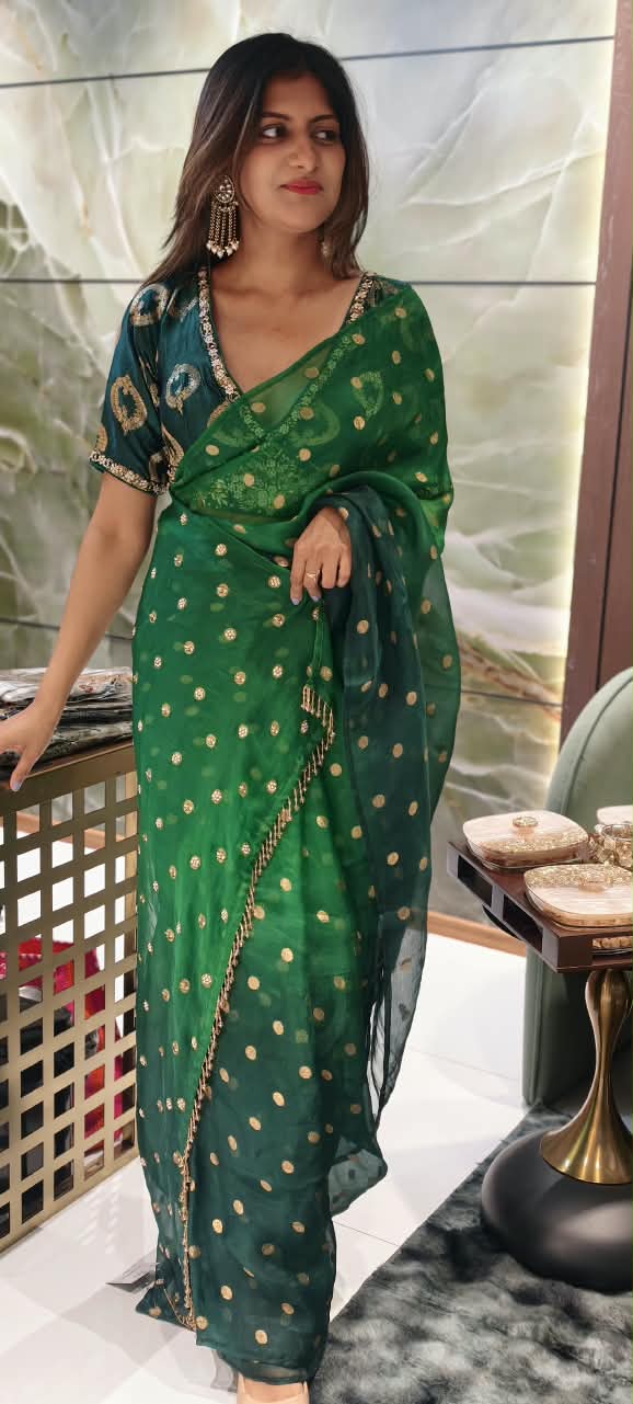 Pure Fabric Elegant Golden Brocade Touch Premium Designer Saree With Ready to Wear Embroidered Blouse- 16264