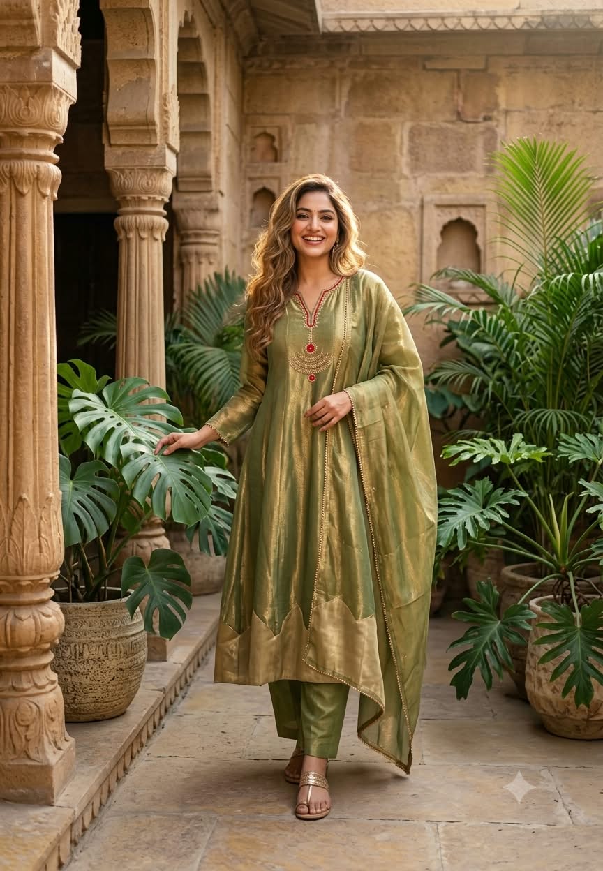 Minimal Tara Embroidery With Red Highlights Work Panel Tissue Anarkali Full Suit Set With Dupatta- 16296