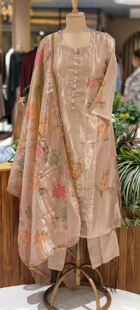 Multicolor Floral Prints With Delicate Outlined Embroidery Kanchipuram Tissue Full Suit Set With Dupatta- 16299
