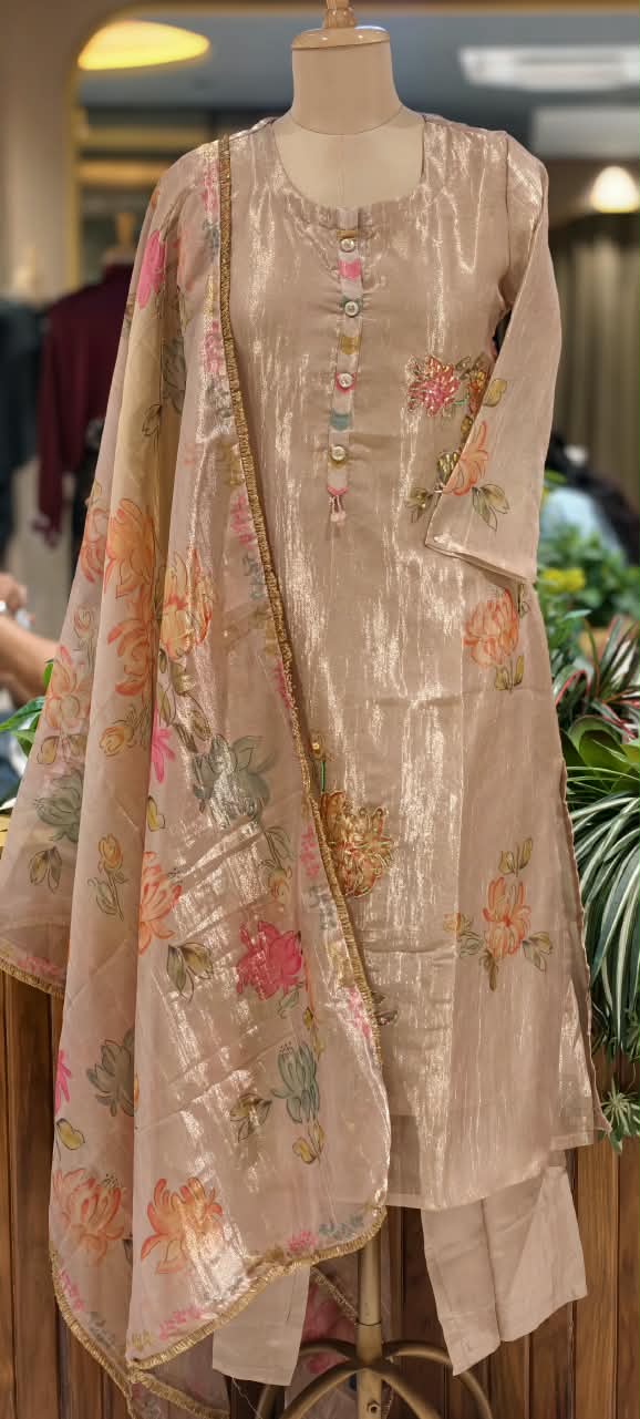 Multicolor Floral Prints With Delicate Outlined Embroidery Kanchipuram Tissue Full Suit Set With Dupatta- 16299