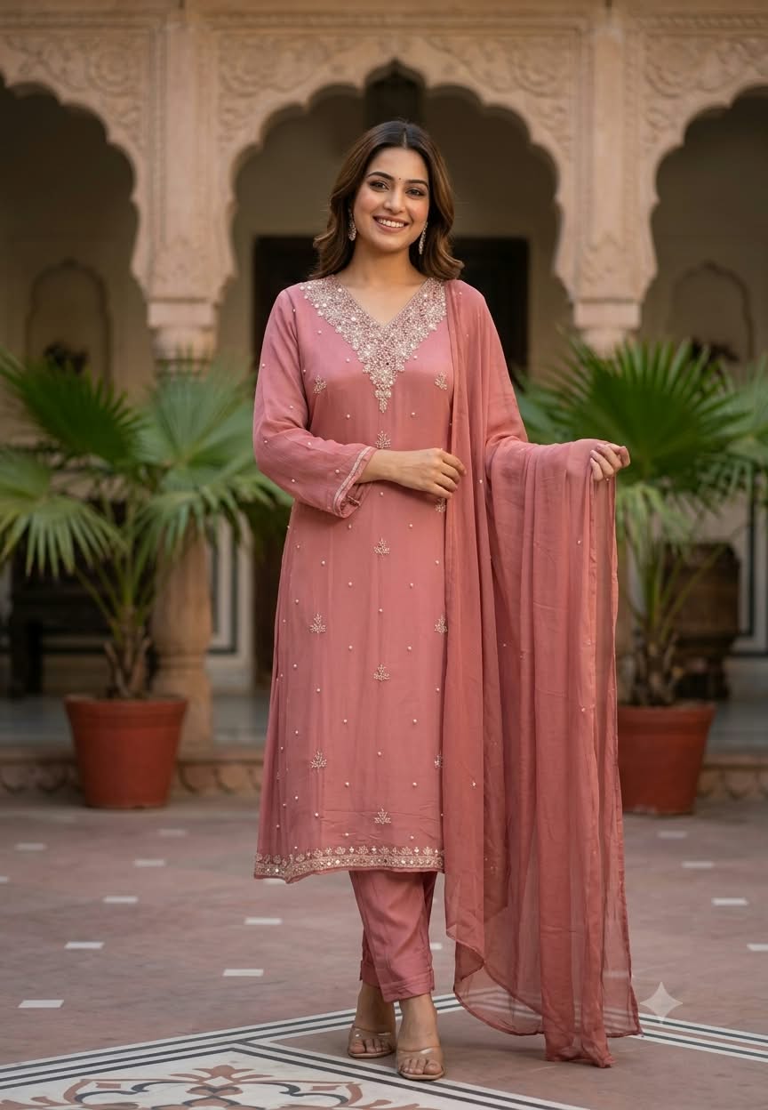 Elegant Real Mirror Zardosi Scattered Embroidery Chinon A-Line Full Suit Set With Dupatta- 16330