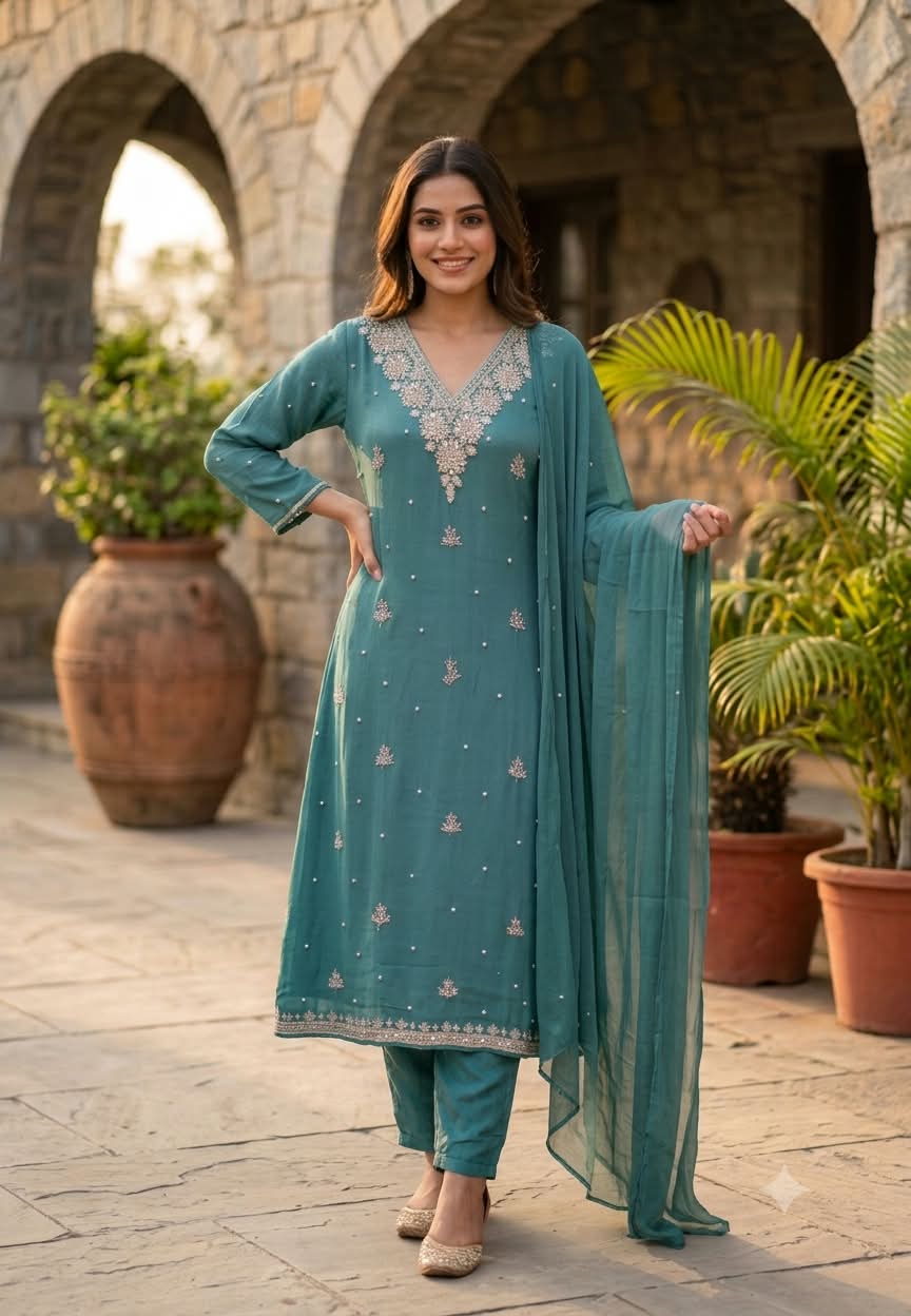 Elegant Real Mirror Zardosi Scattered Embroidery Chinon A-Line Full Suit Set With Dupatta- 16330