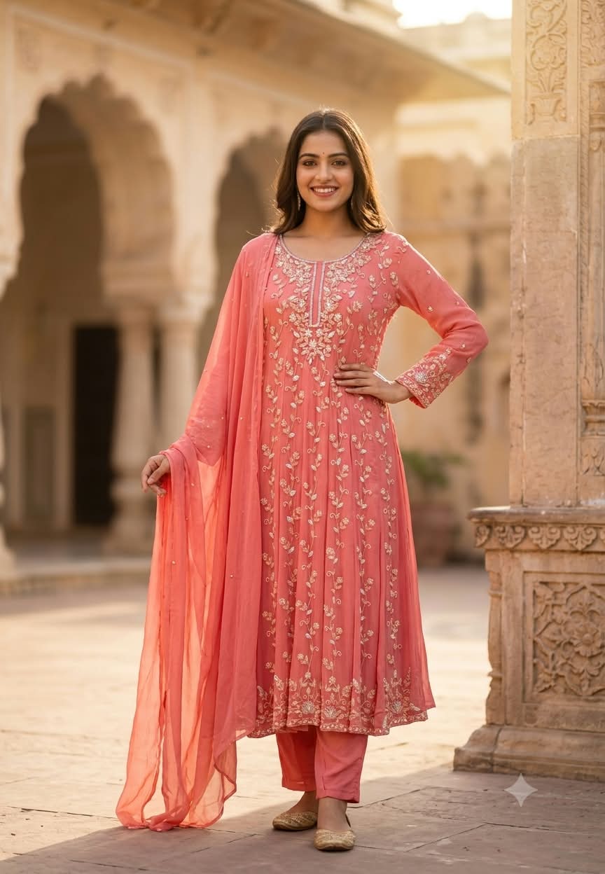 Fully Cut-Dana Hand Embroidered Heavy Panel Anarkali Full Suit Set With Dupatta In Chinon Fabric- 16324