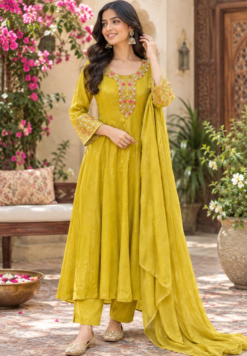 Mustard Elegance Pink Hightlights Floral Embroidered Front Work Panel Chinon Anarkali Full Suit Set With Dupatta- 16328