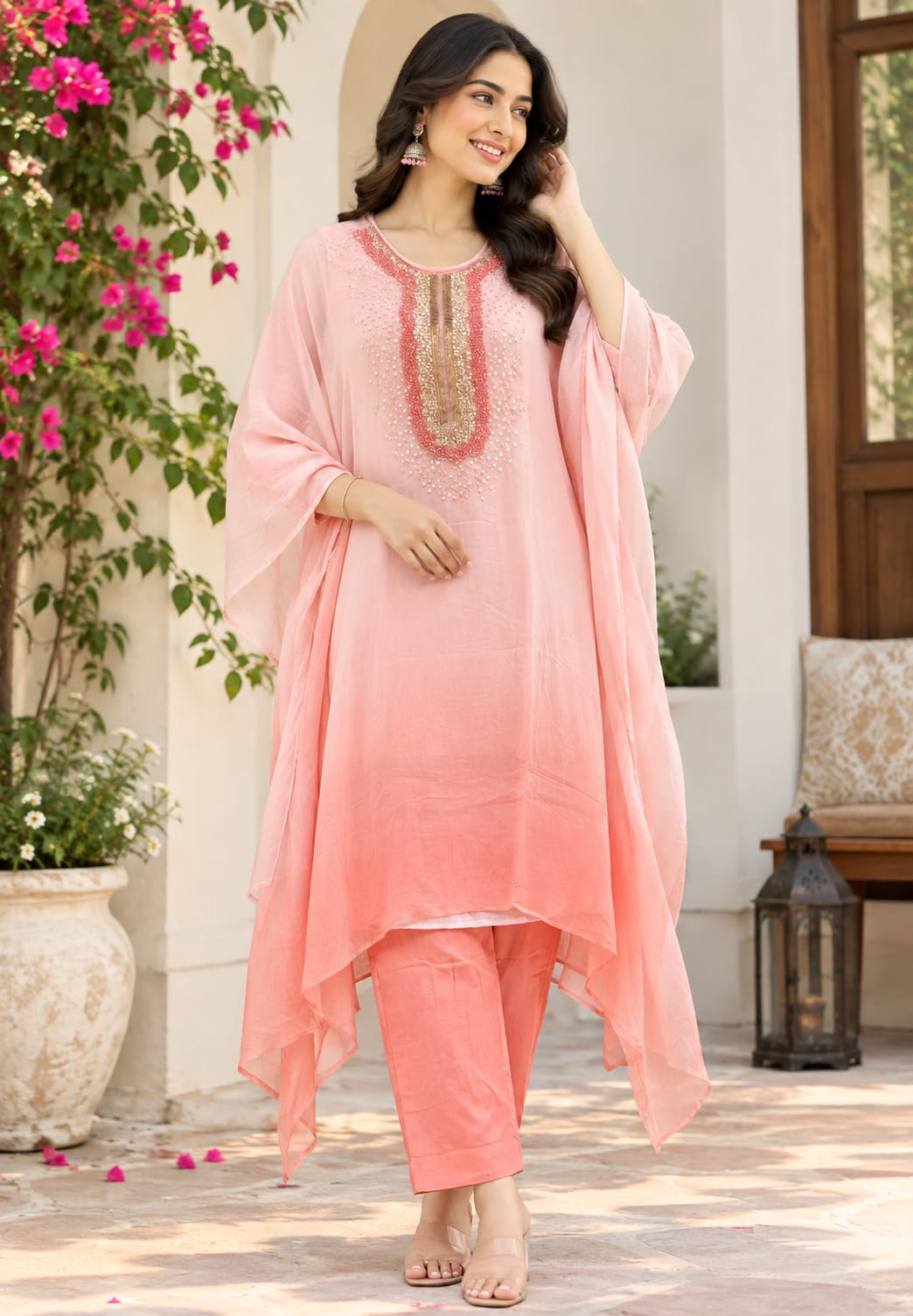 Elegant Cut-Dana Sequin Celestial Embroidery Yoke Soft Chiffon Kaftan With Inner & Bottom In Ombre Shade- 16334