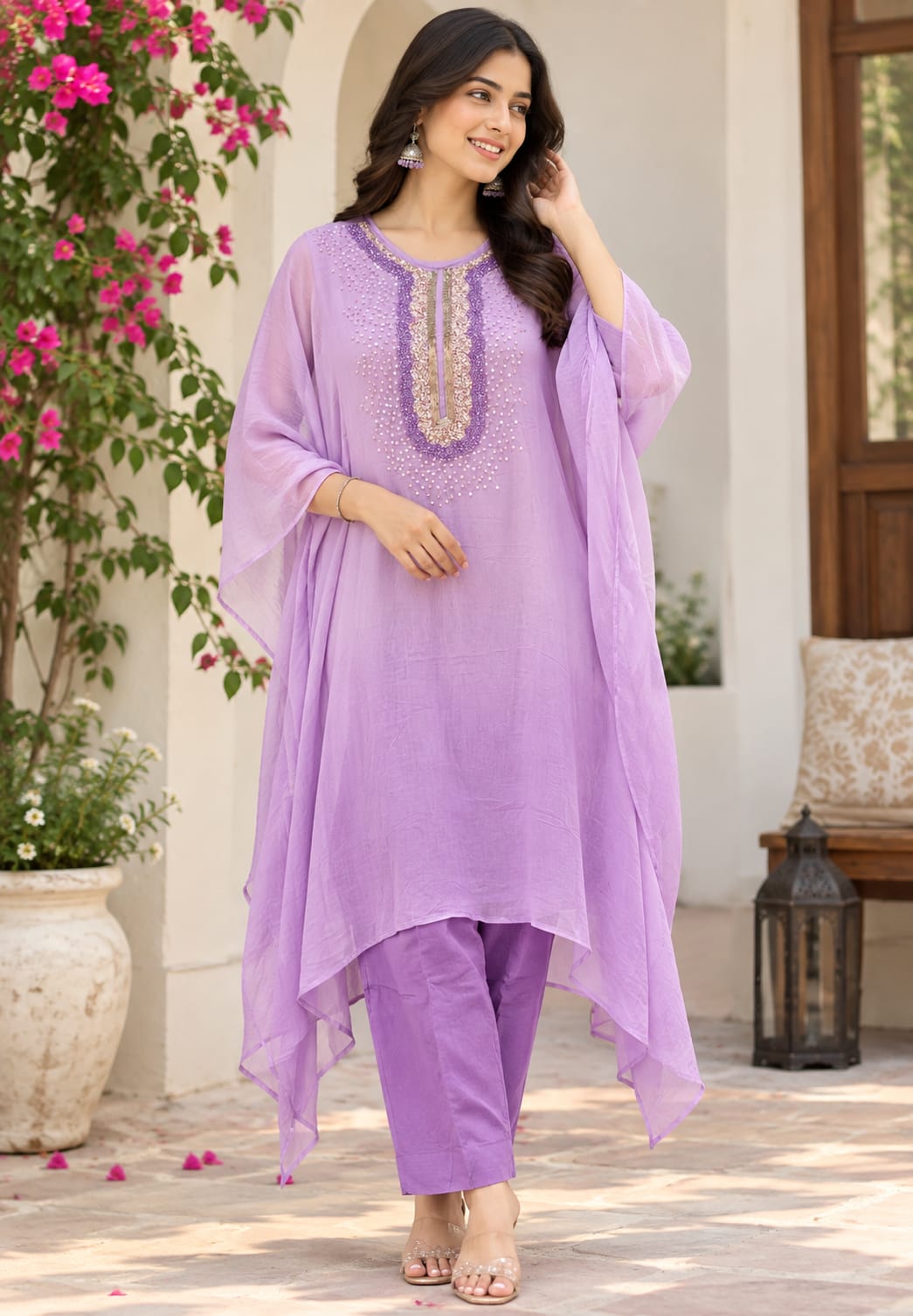 Elegant Cut-Dana Sequin Celestial Embroidery Yoke Soft Chiffon Kaftan With Inner & Bottom In Ombre Shade- 16334