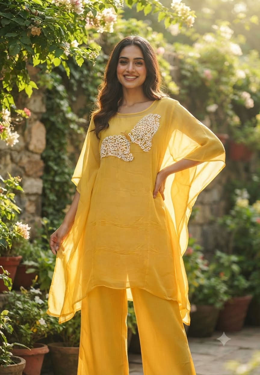 Cut-Dana Butterfly Elegant Embroidery Front Work Beautiful Shades Chinon Kaftan With Matching Inner & Bottom- 16333