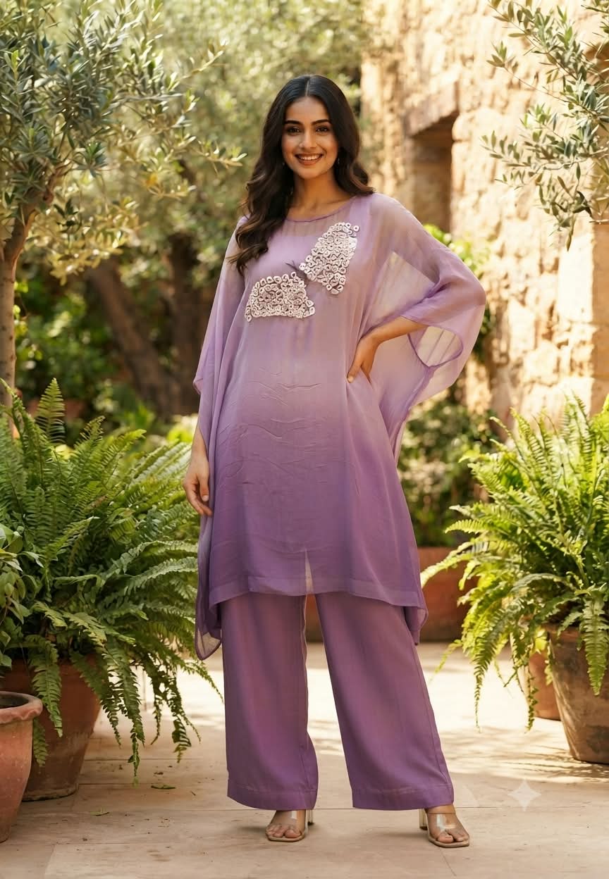 Cut-Dana Butterfly Elegant Embroidery Front Work Beautiful Shades Chinon Kaftan With Matching Inner & Bottom- 16333