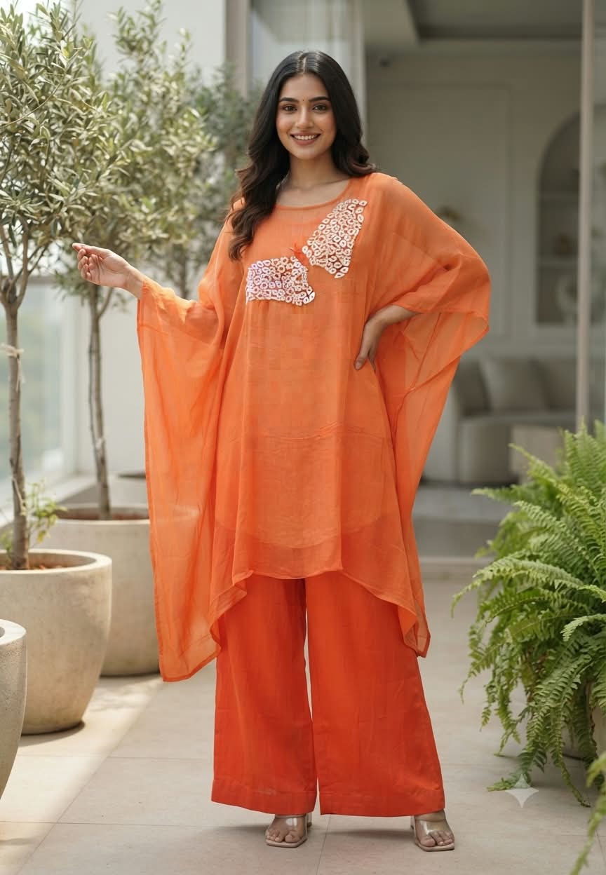 Cut-Dana Butterfly Elegant Embroidery Front Work Beautiful Shades Chinon Kaftan With Matching Inner & Bottom- 16333