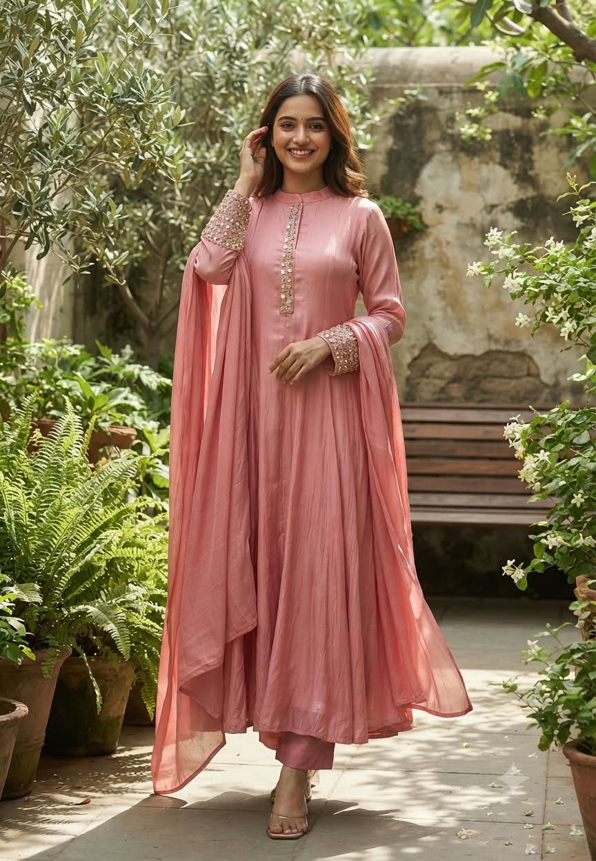 Pastel Tone Elegant Stone Work Over Neckline & Sleeves Full Neck Chinon Panel Anarkali Full Suit Set With Dupatta- 16305
