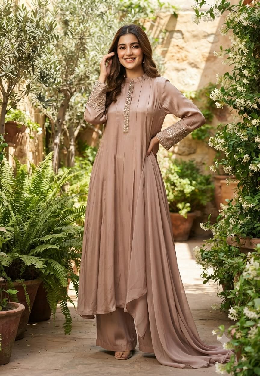 Pastel Tone Elegant Stone Work Over Neckline & Sleeves Full Neck Chinon Panel Anarkali Full Suit Set With Dupatta- 16305