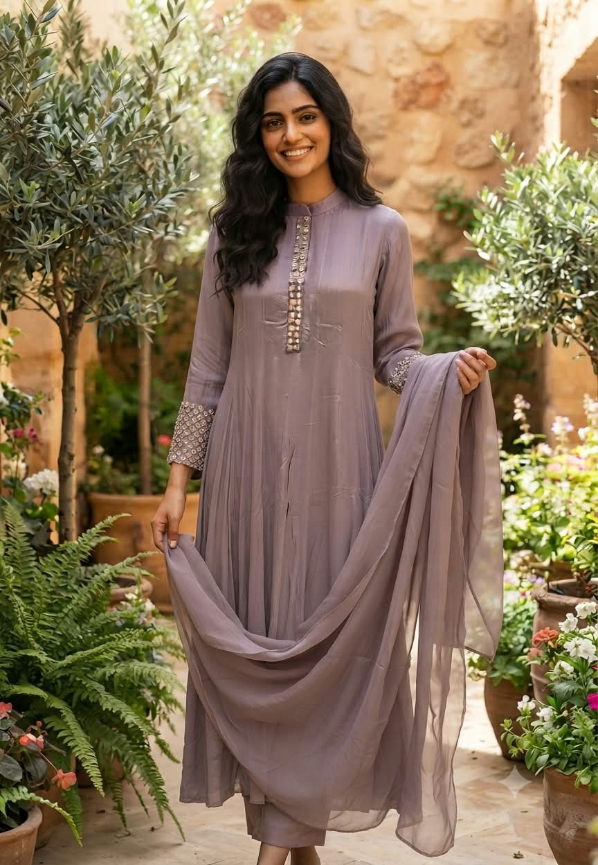 Pastel Tone Elegant Stone Work Over Neckline & Sleeves Full Neck Chinon Panel Anarkali Full Suit Set With Dupatta- 16305
