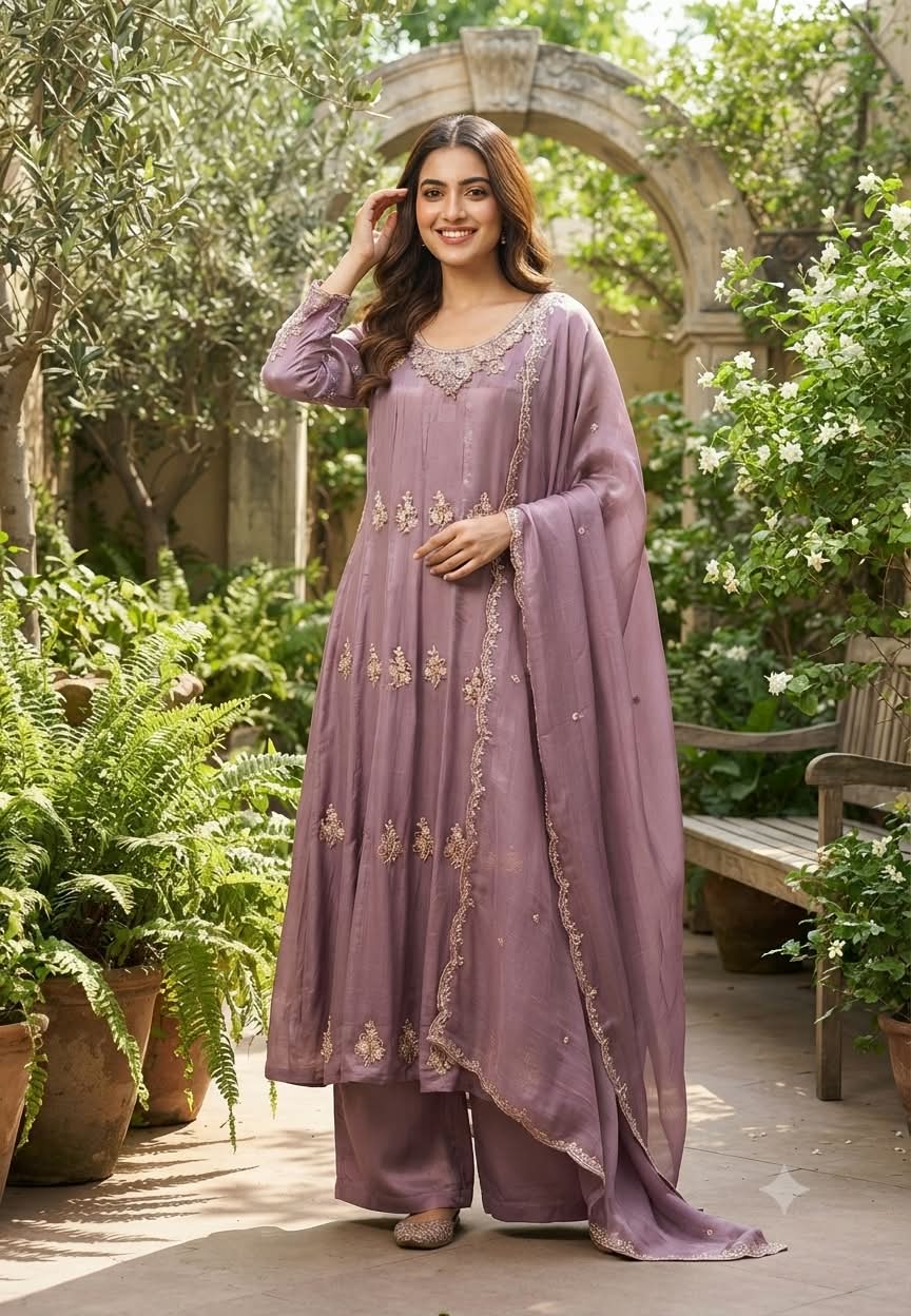 Elegant Mauve Designer Embroidery Work Heavy Panels Chinon Anarkali Full Suit Set With Dupatta- 16326