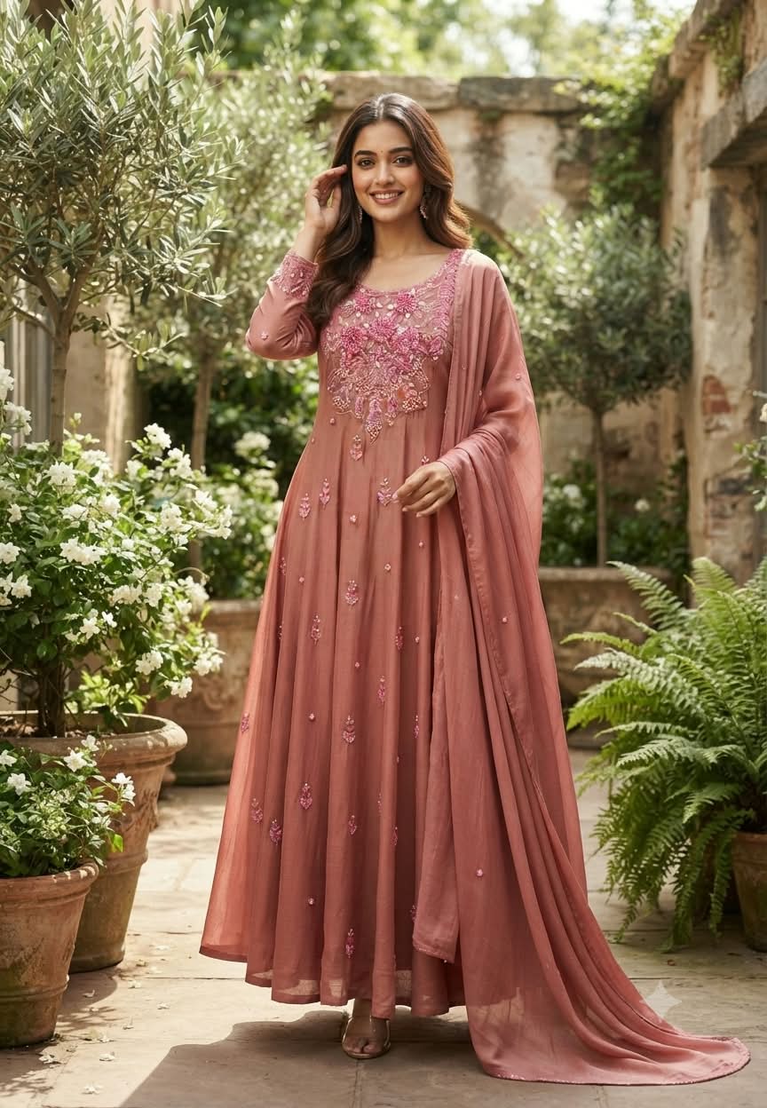 Sequin Elegance Premium Embroidered Yoke Chinon Anarkali Full Suit Set With Dupatta- 16314