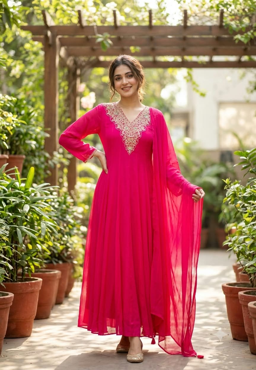 Fuschia Minimal Zardosi Intricate Embroidery Neckline Chinon Panel Anarkali Full Suit Set With Dupatta- 15859