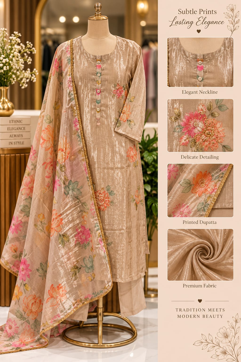 Multicolor Floral Prints With Delicate Outlined Embroidery Kanchipuram Tissue Full Suit Set With Dupatta- 16299