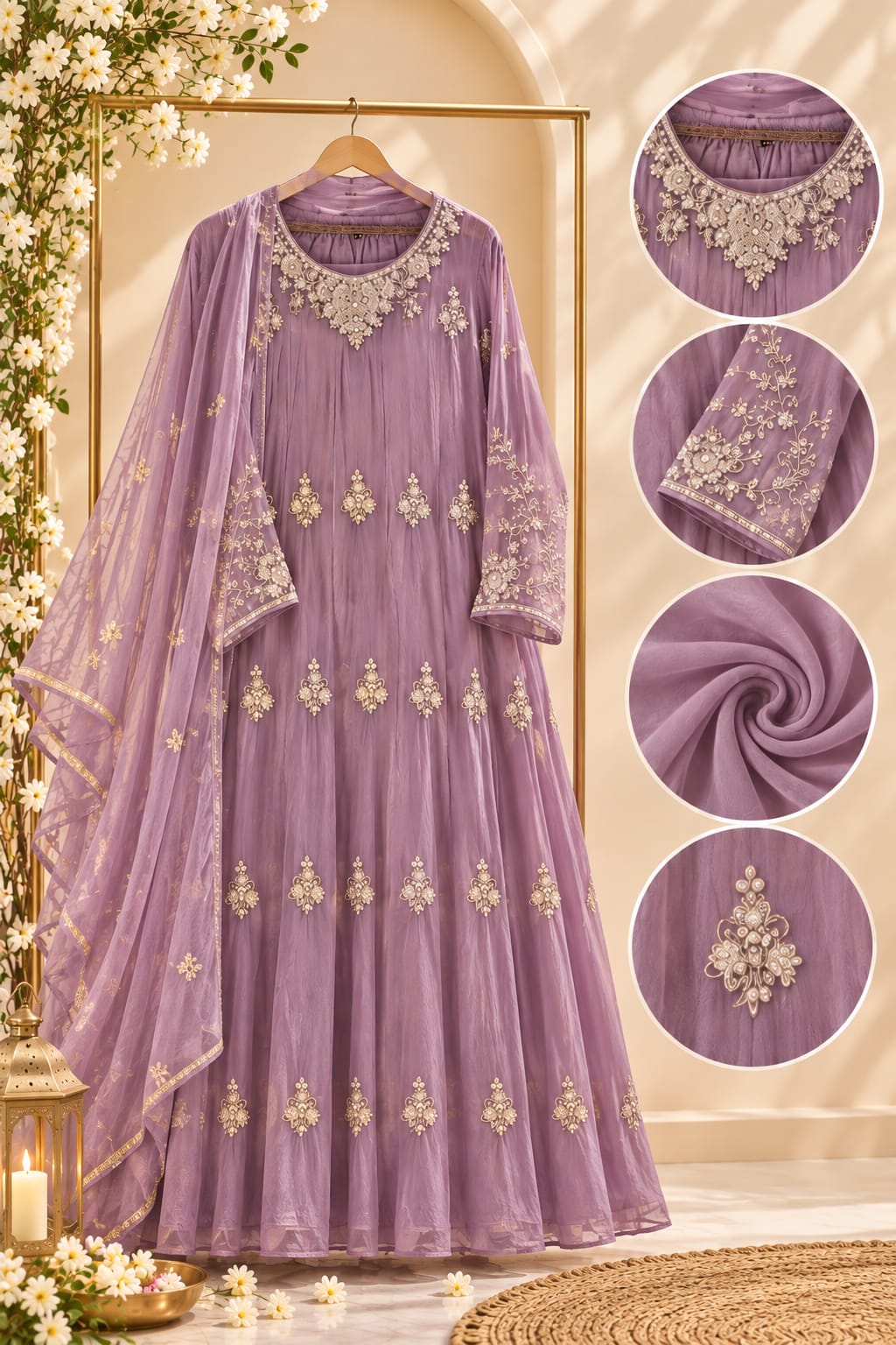 Elegant Mauve Designer Embroidery Work Heavy Panels Chinon Anarkali Full Suit Set With Dupatta- 16326